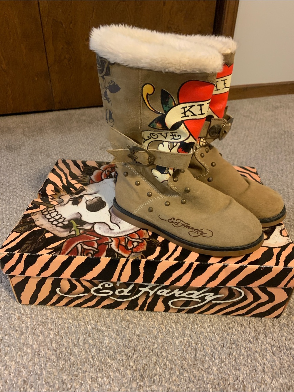 Ed Hardy Tan Suede Fur-Trim Tattoo Graphic Boots